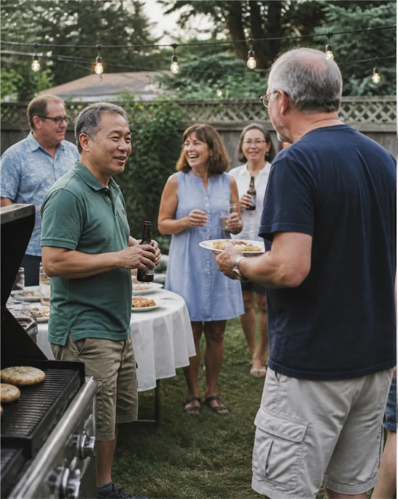 Neighbours in their fifties and sixties talking around the grill at a summer backyard cookout