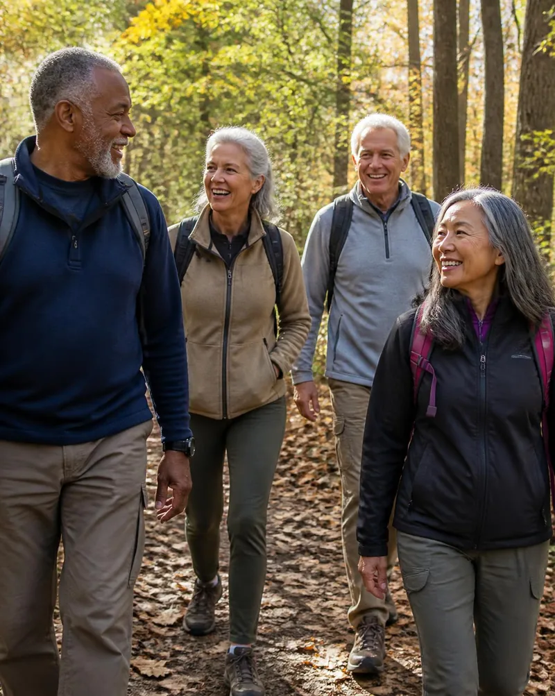 A small group walking a wooded Virginia trail together on an autumn morning