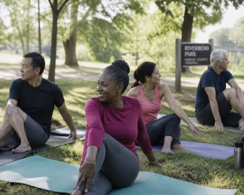 Members stretching through gentle morning yoga on the grass in a Virginia park