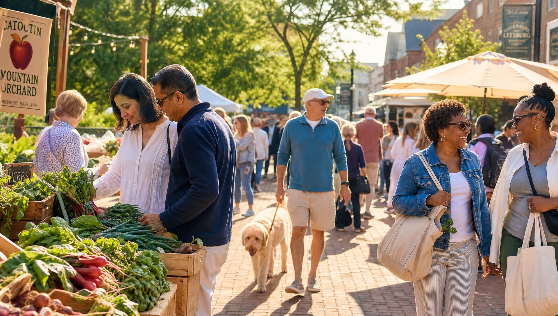 Active adults browsing a sunny downtown farmers market together
