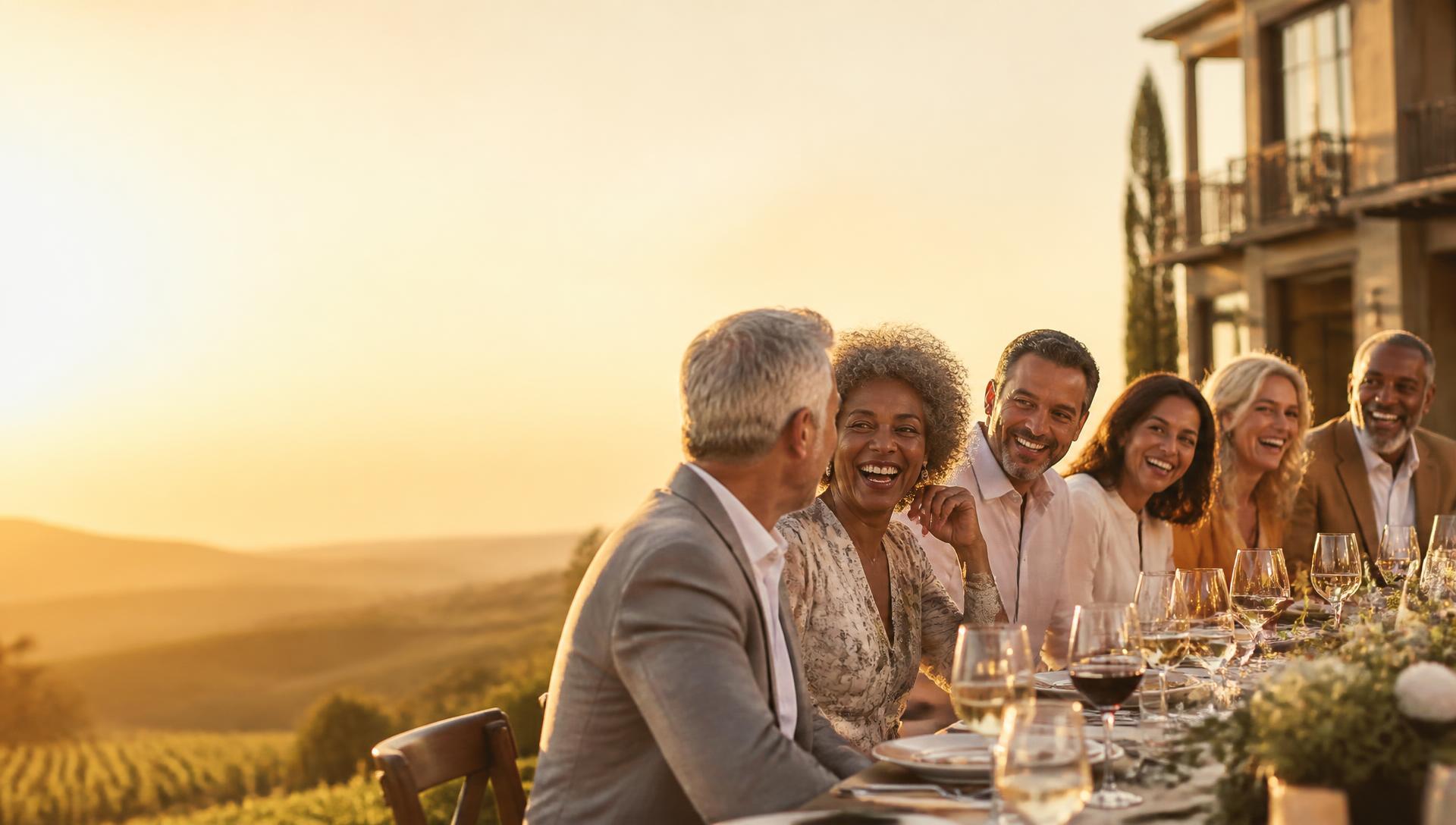 Adults enjoying dinner and conversation together at a scenic outdoor vineyard gathering