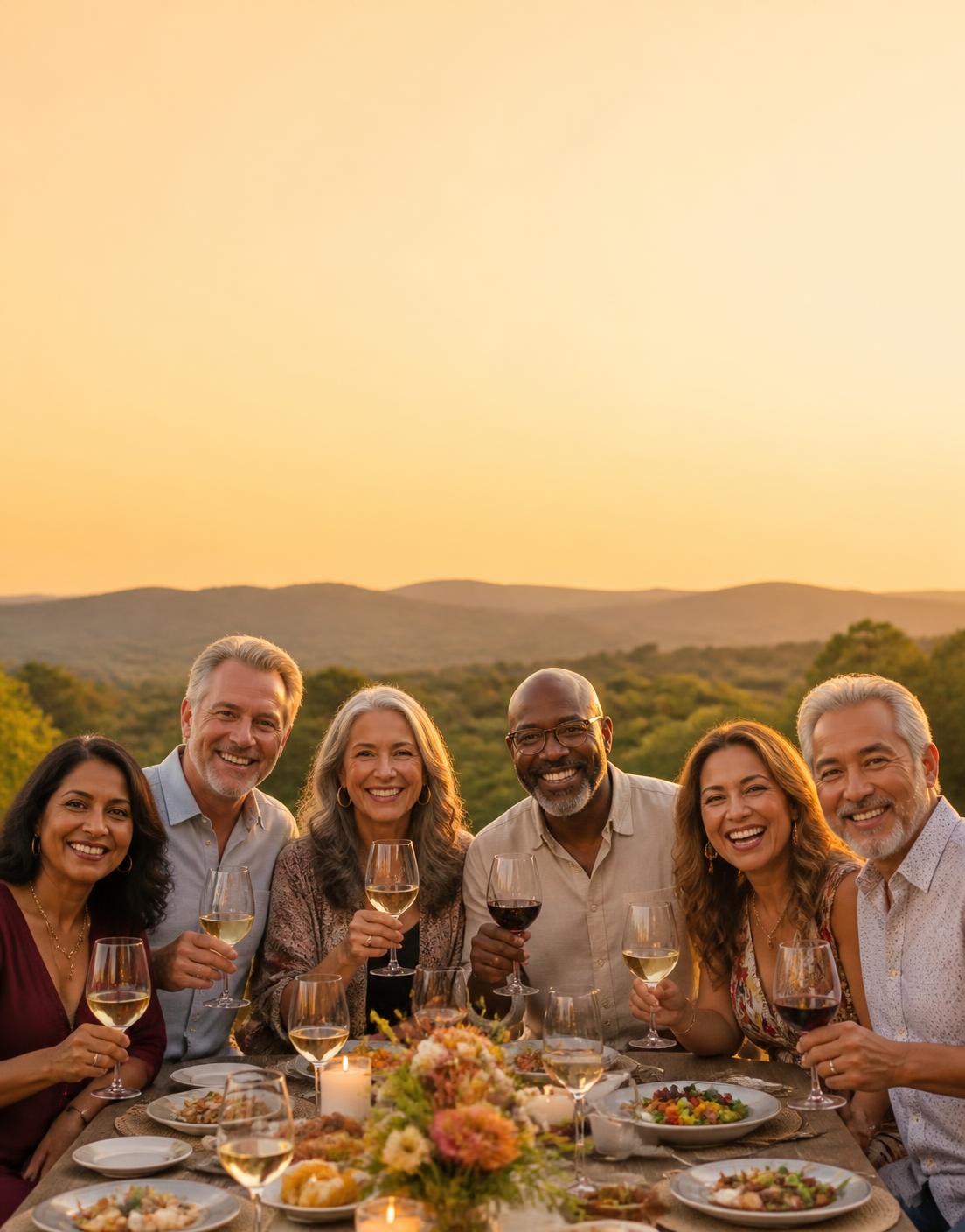 Adults enjoying dinner and conversation together at a scenic outdoor gathering at golden hour